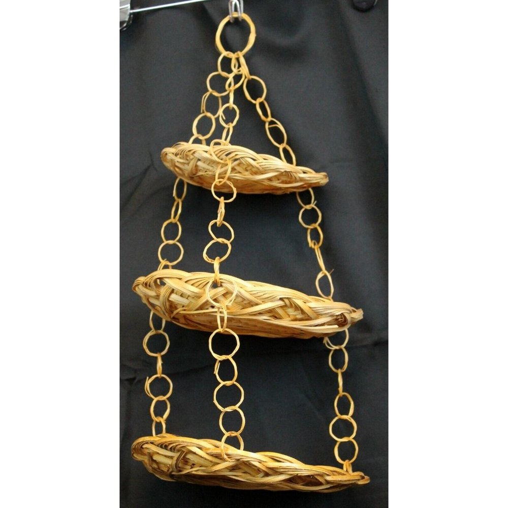 Vtg Boho Tan Beige Woven Bamboo 3 Tiered 19" Hanging Fruit Kitchen Plate Basket